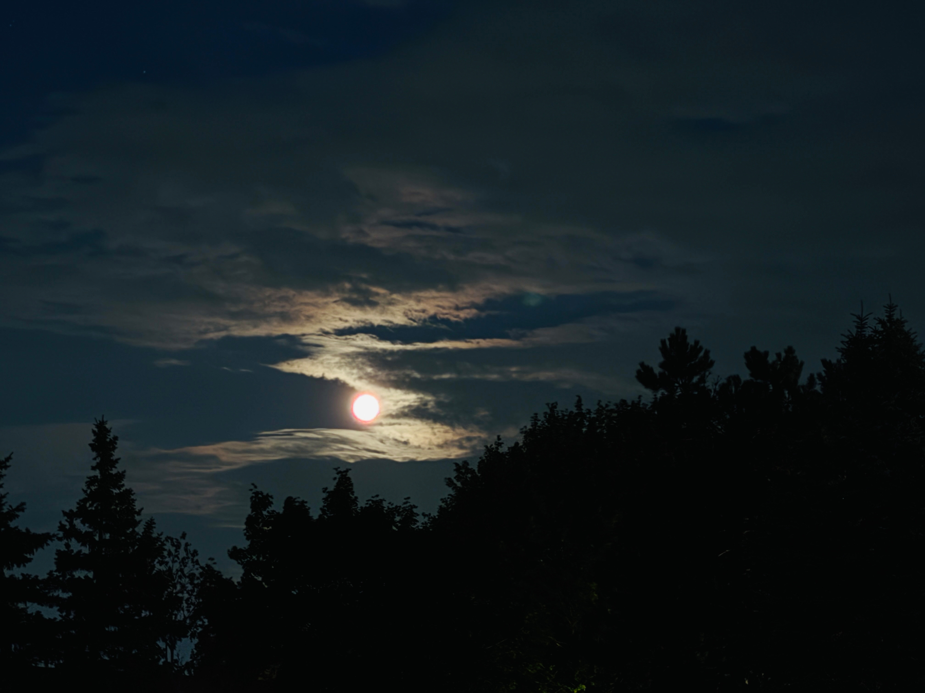 A bright full moon shines through scattered clouds above the silhouette of trees at night.