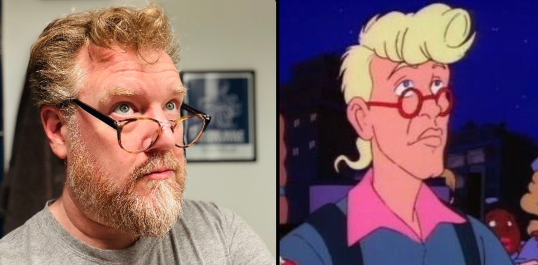 A person with curly hair and glasses is pictured alongside an animated character with similar features.