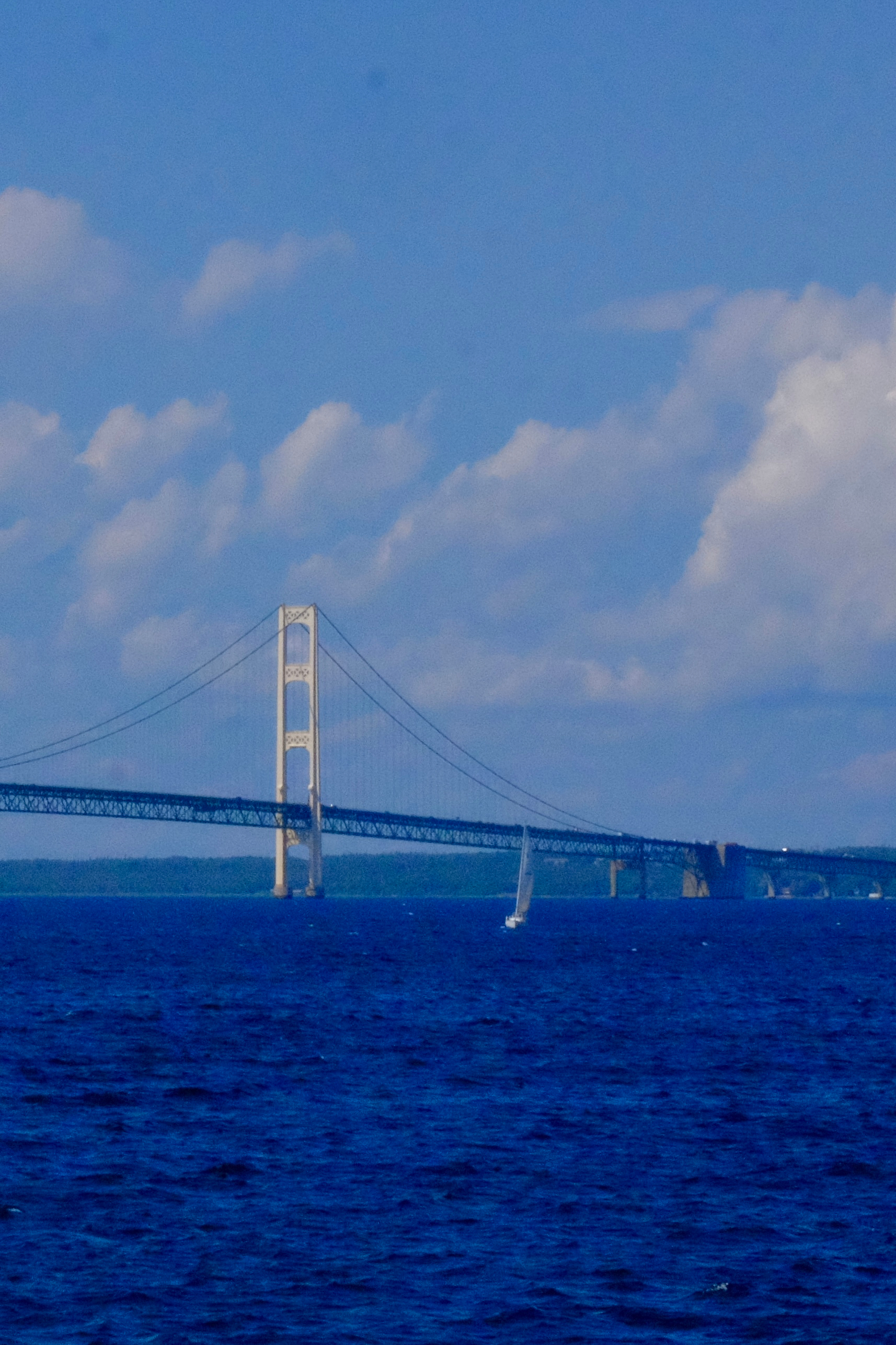 The Mackinac suspension bridge spans over a large body of water under a partly cloudy sky.