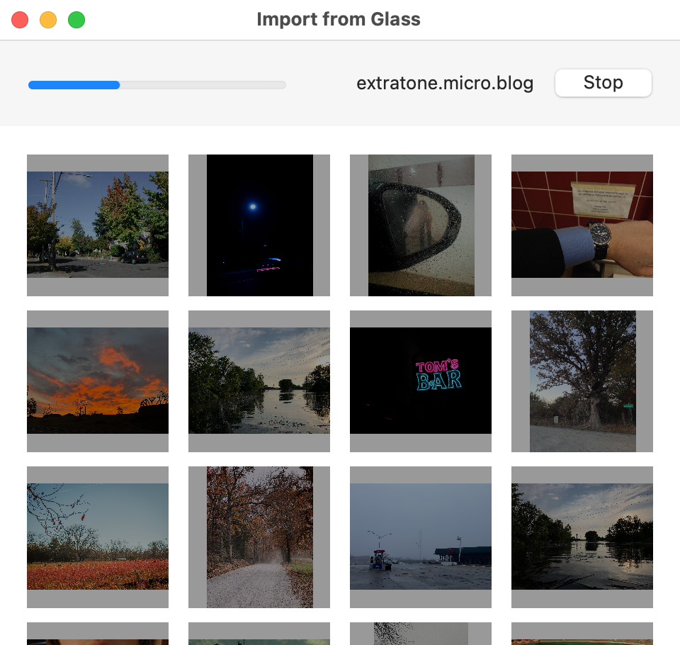 macOS window screenshot showing the Glass import process in Micro.Blog for macOS.