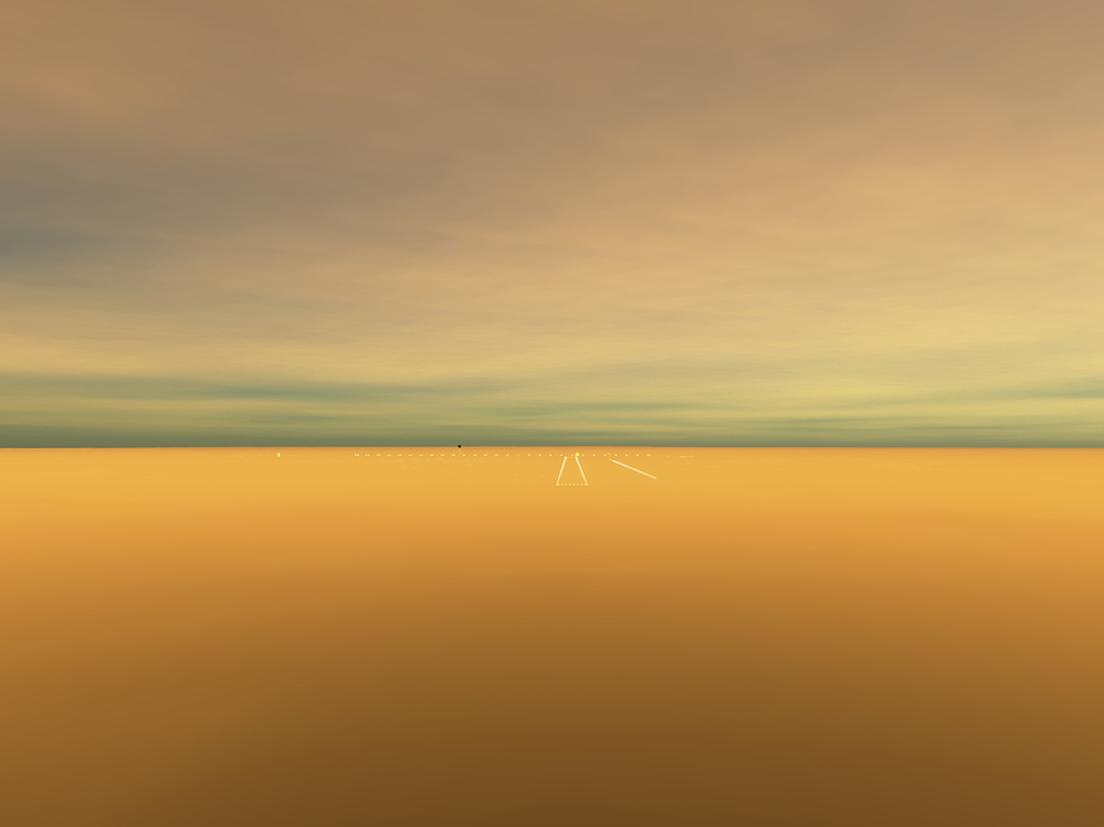An abstract landscape features a vast, flat expanse with a muted, golden hue and a distant horizon under a soft, cloudy sky.