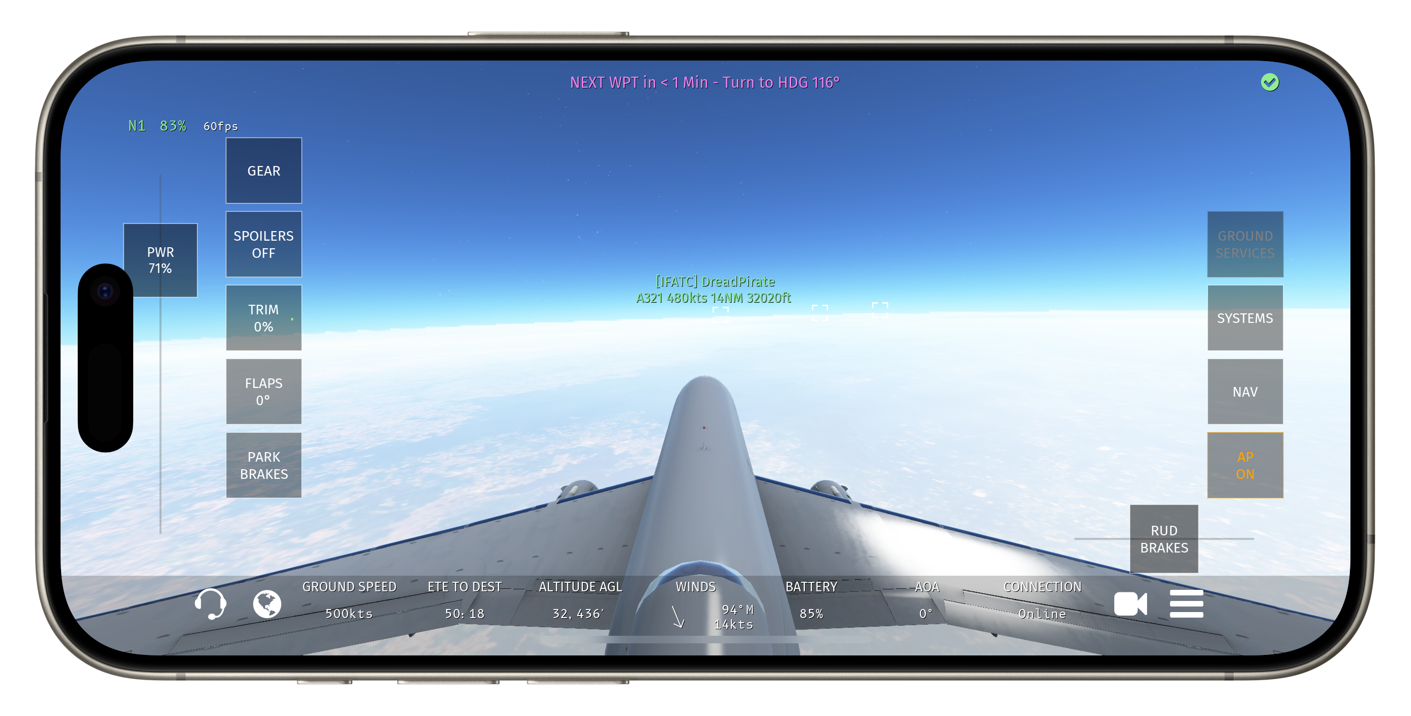 A flight simulator displayed on a smartphone screen shows the view from the tail of an airplane against a clear sky.