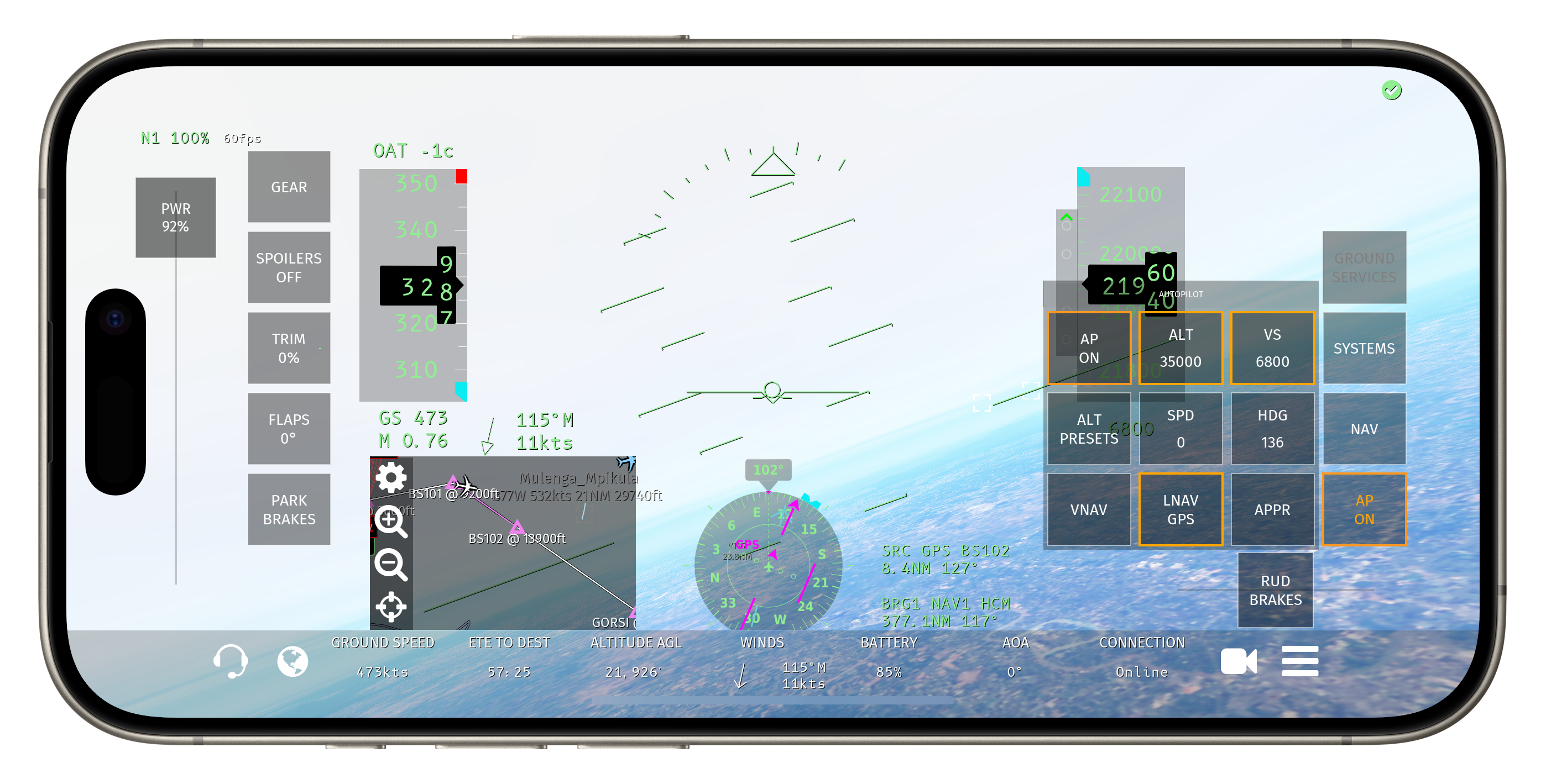 A flight simulator interface is displayed on a smartphone screen, showing various aircraft controls and information like speed, altitude, and navigation.