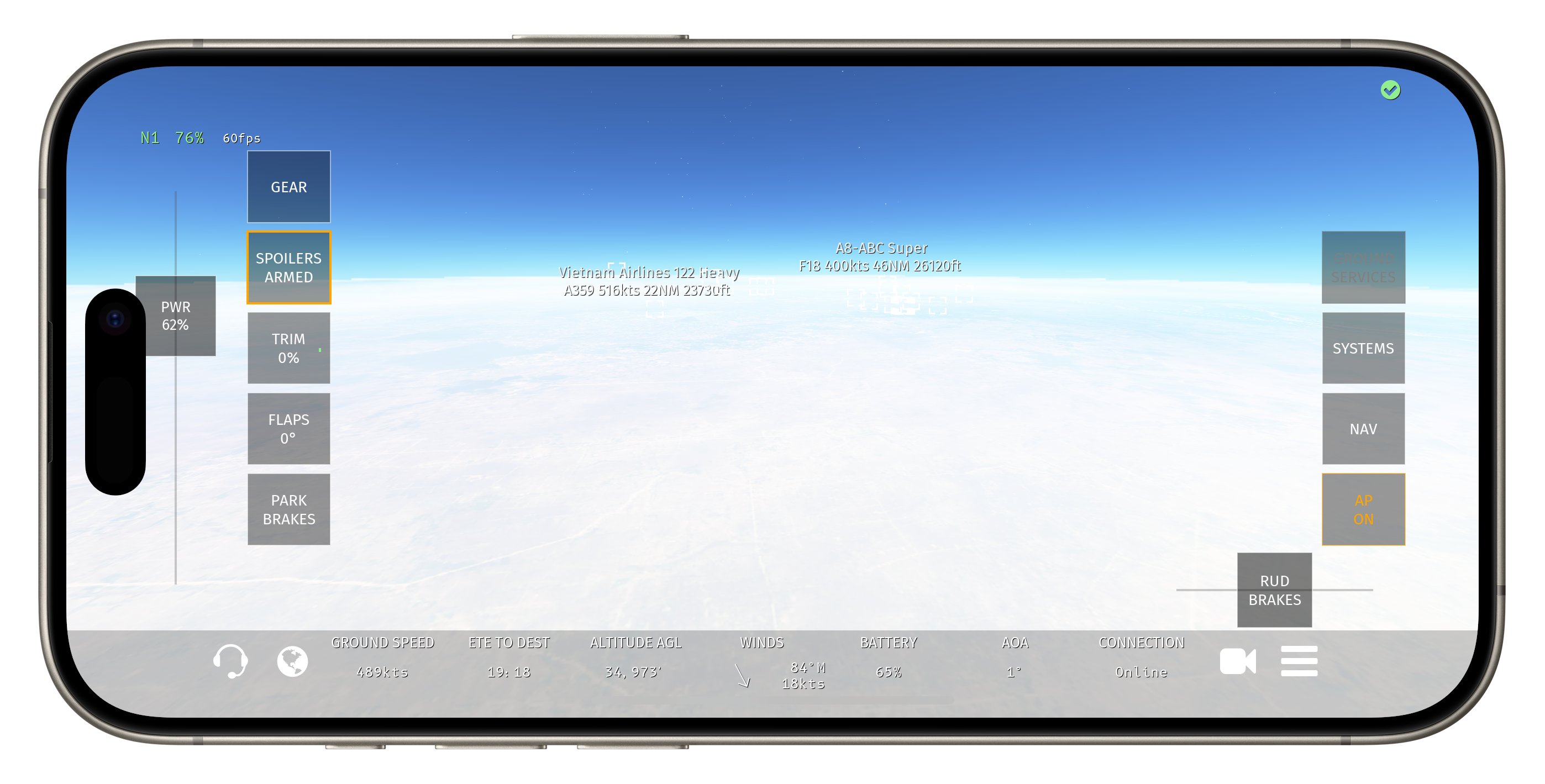 A mobile screen displays a flight simulator interface with various flight controls and navigation settings over a cloudy sky.