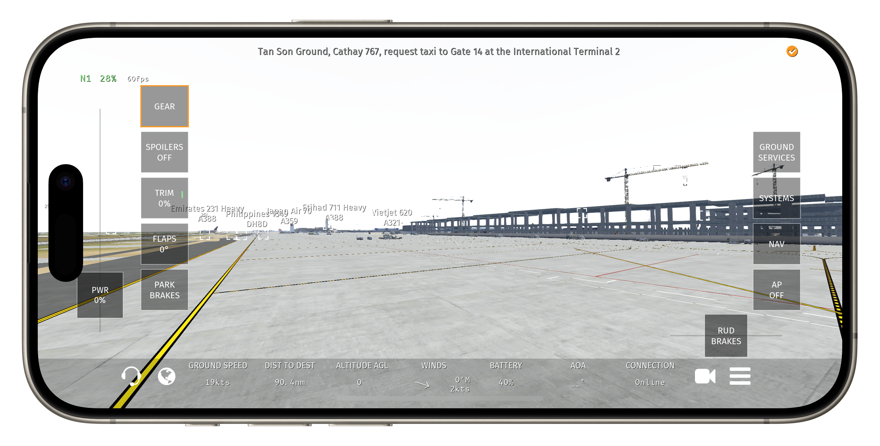 A mobile device displays a flight simulator interface showing an airport runway with various control options on the screen.