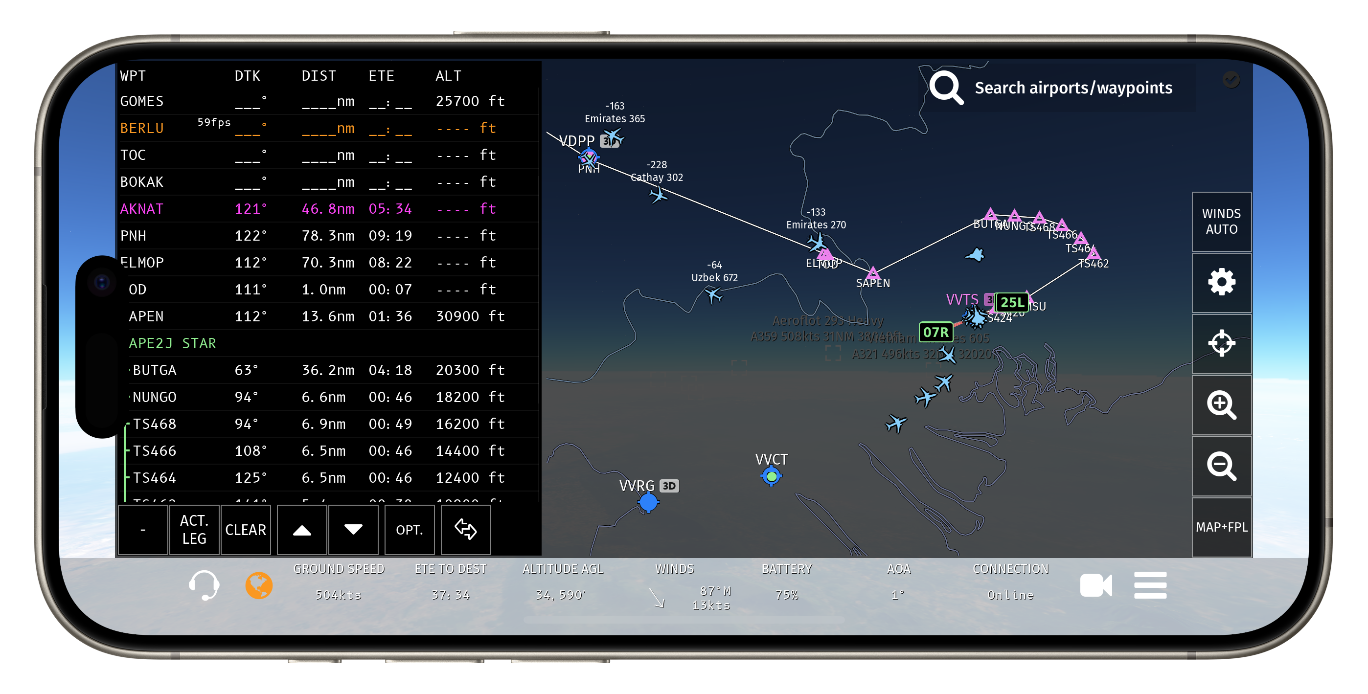 A smartphone displays an aviation navigation app showing a flight route, waypoints, and altitude information.