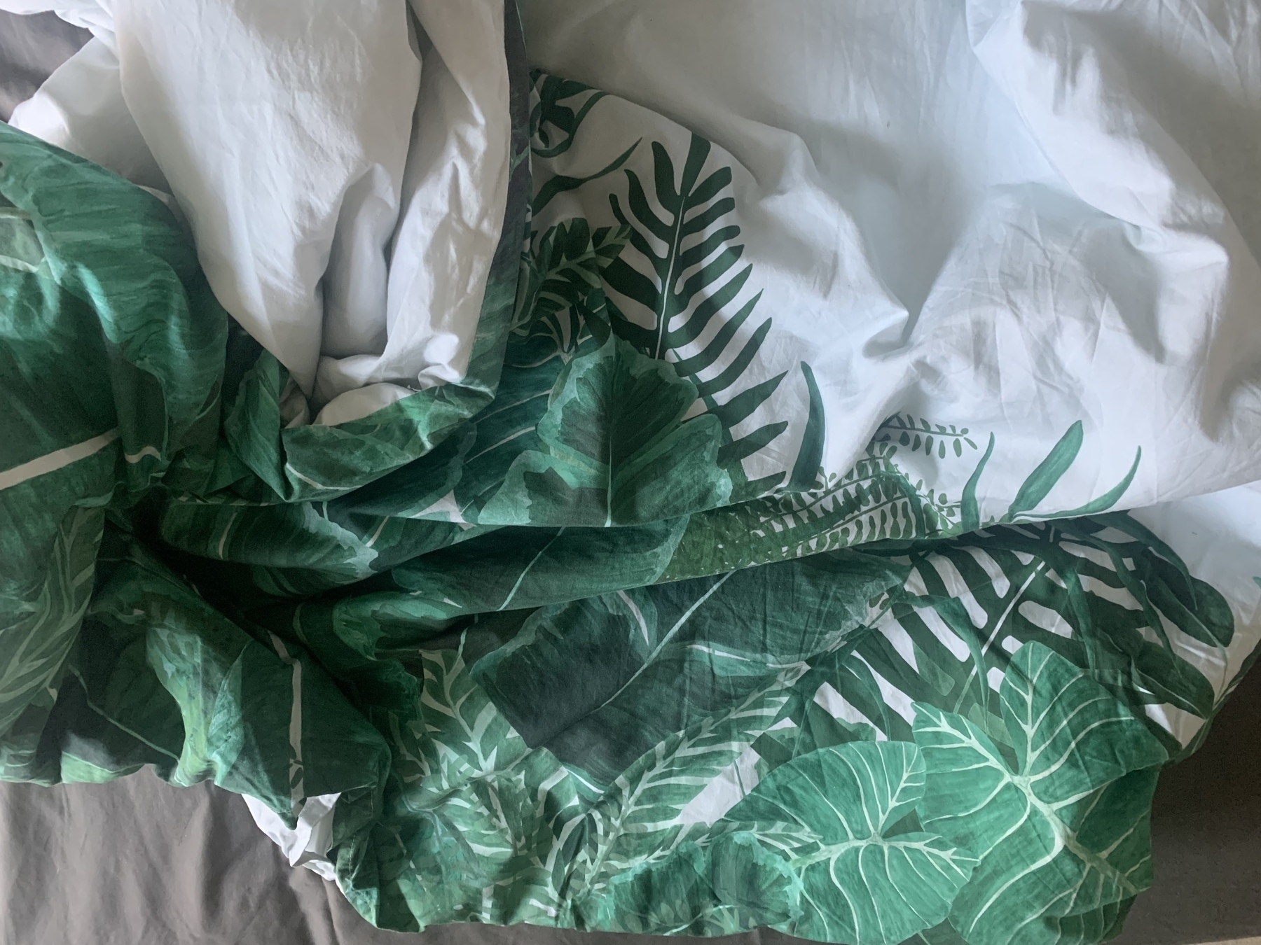 Rumpled duvet. The cover is light grey with green tropical leaf pattern.