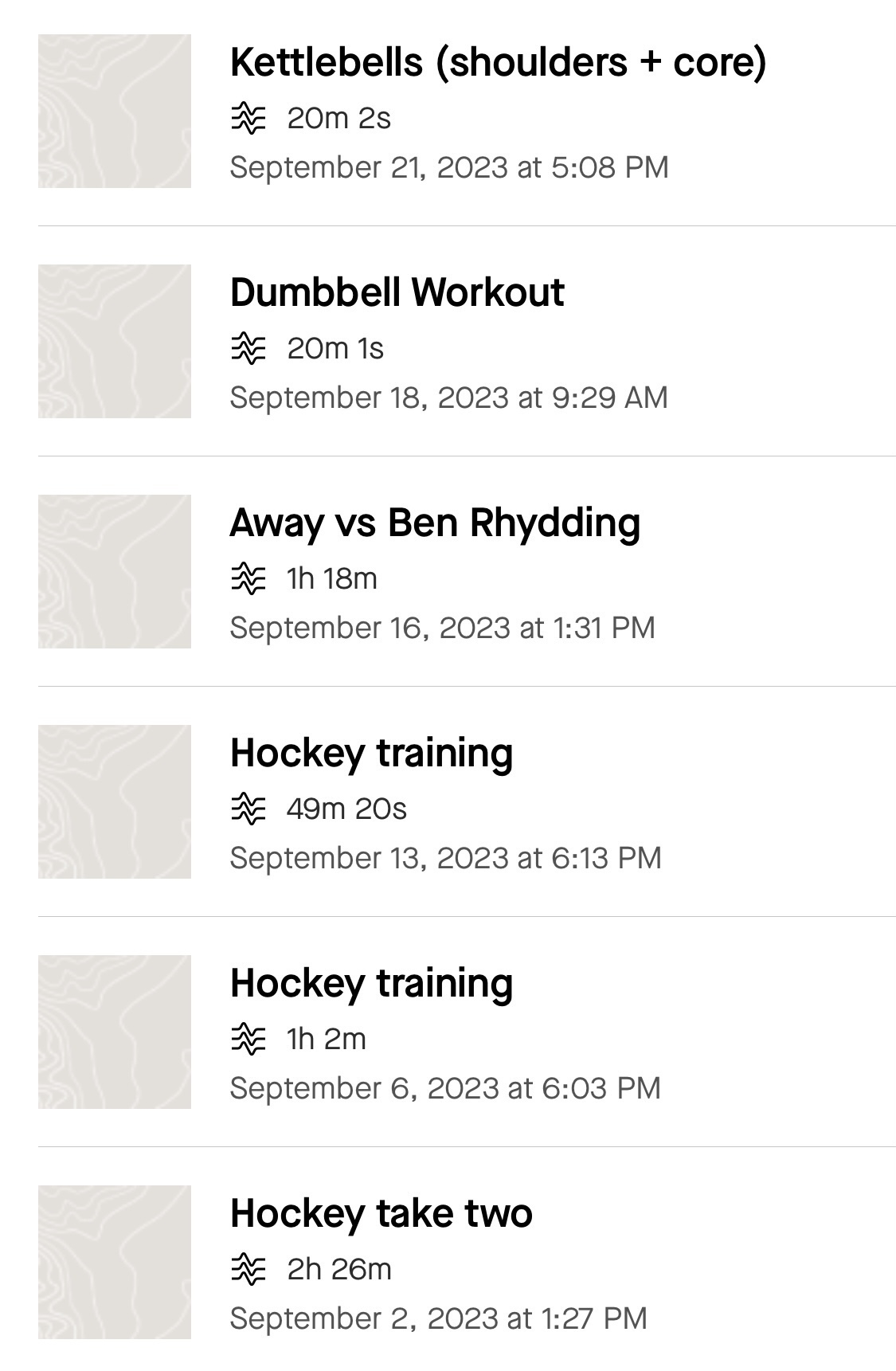 List of workouts recorded on Strava during September. Includes kettlebells, dumbbells and hockey training.