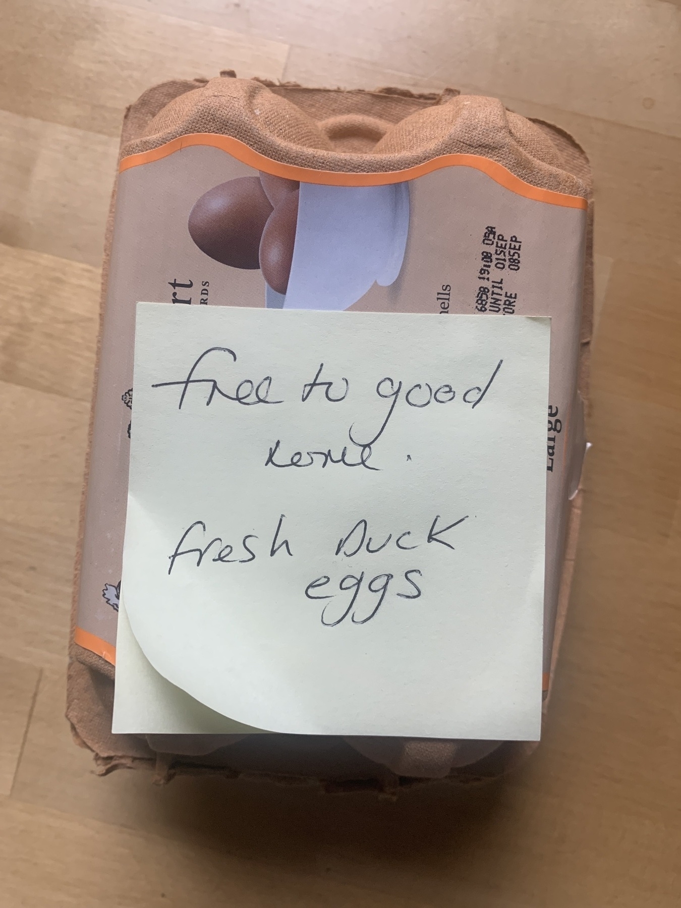 Egg box with sticky note attached reading “Free to a good home. Fresh duck eggs.”