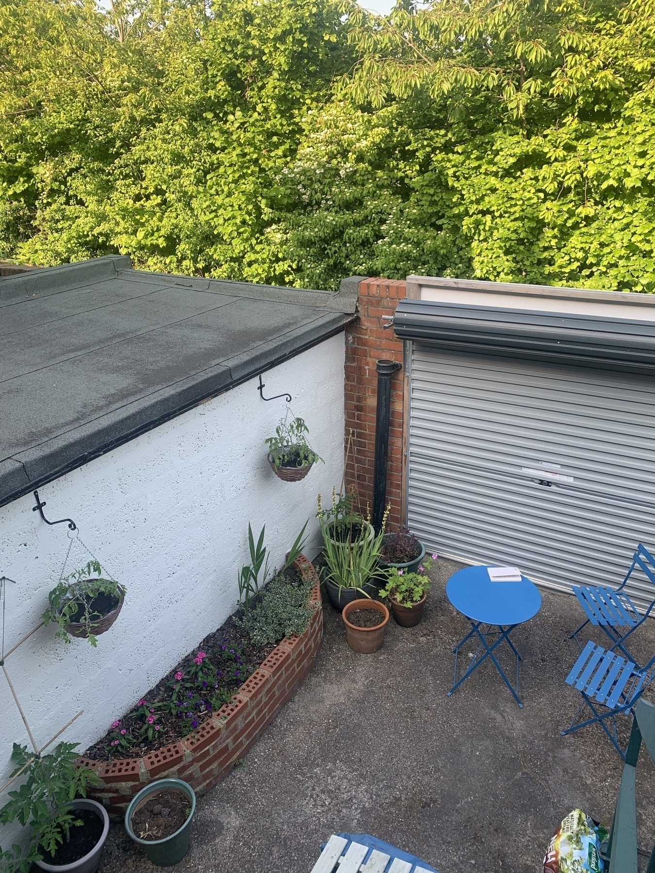 Small enclosed yard bordered by a garage wall and roller door. Brick flower bed built against the garage wall with a number of pots on the ground and two hanging baskets. Blue table and two chairs sit facing the flowers.