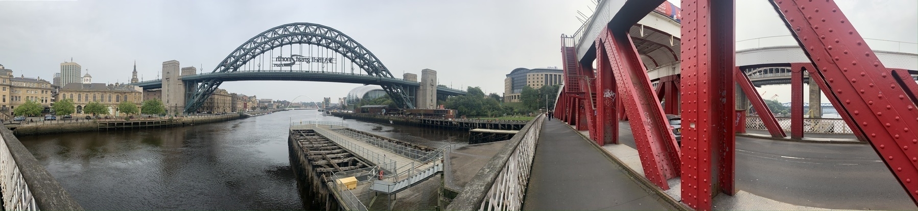 Panorama of the river Tyne with landmarks of the Newcastle and Gateshead quaysides.