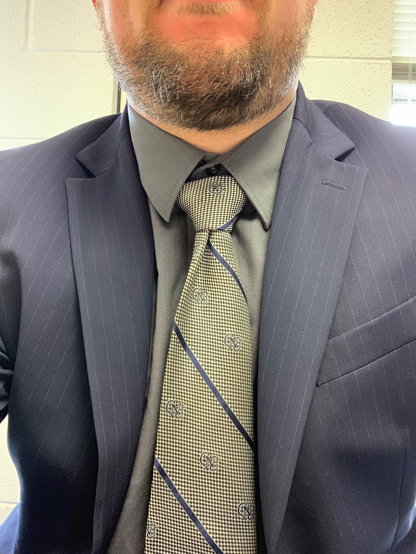 Bearded man, from chin down, in blue pinstripe suit with silver and blue neck tie