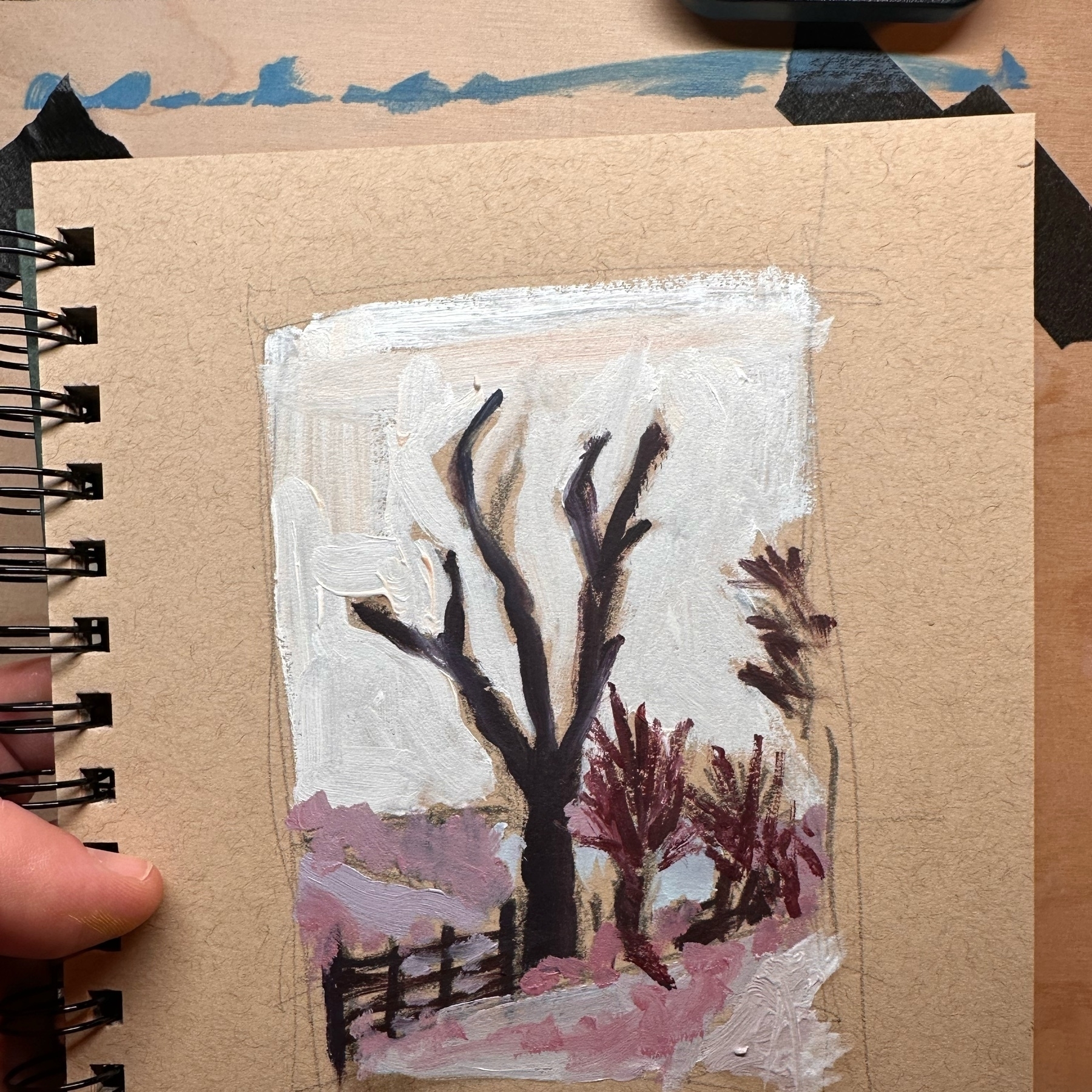 oil sketch of tree in snowy landscape