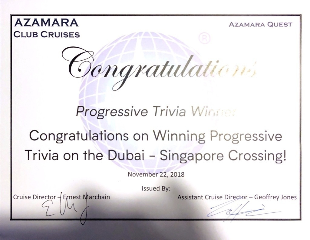 Our first place certificate, but we got a bag full of other Azamara
swag; including a cup, a keychain, a t-shirt, a microfiber cloth\... you
get the idea.