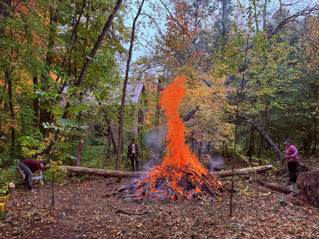 A large bonfire burns brightly in a forest clearing surrounded by people and trees.