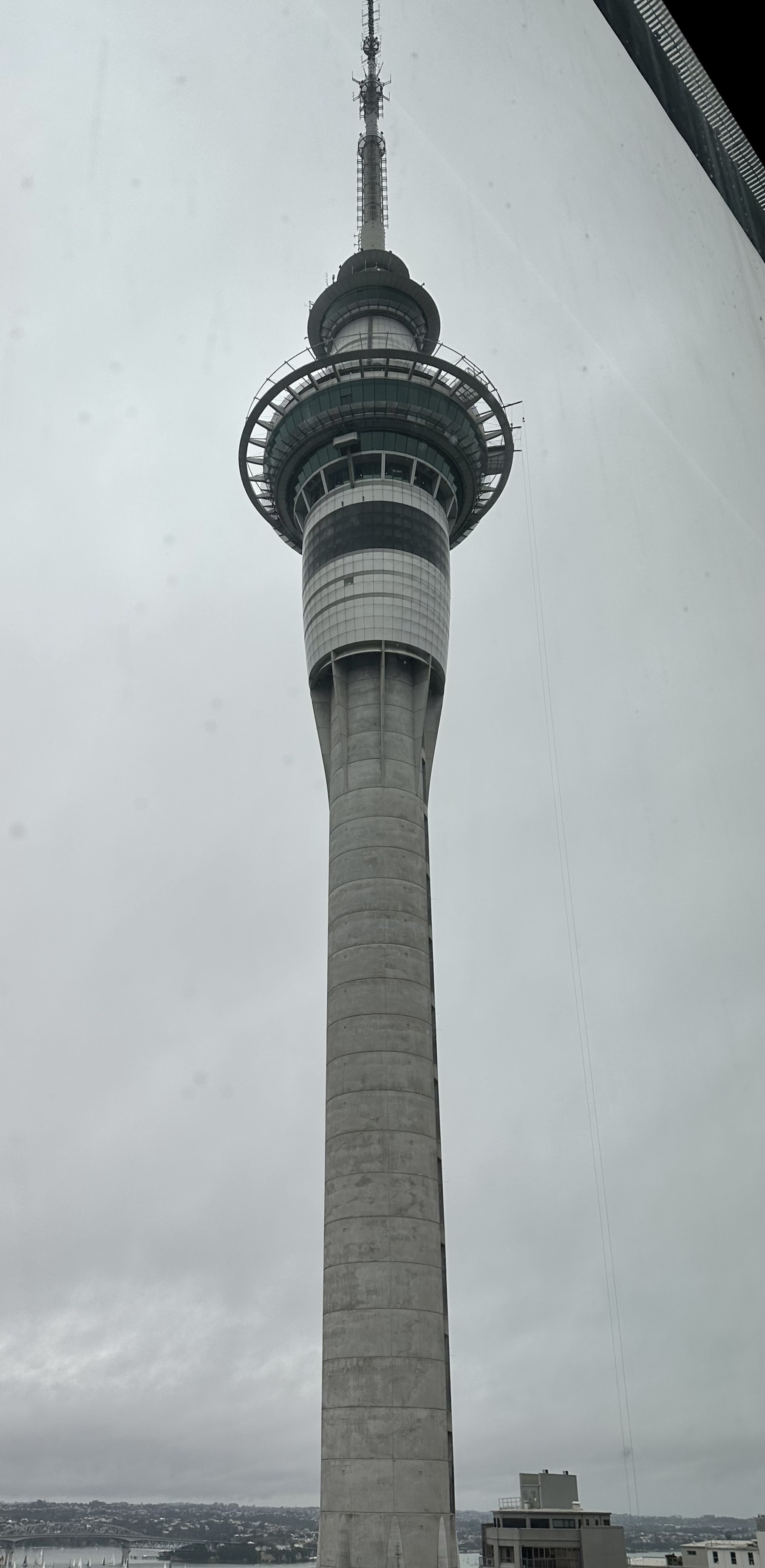 Grey, wintery photo of the Sky Tower in Auckland