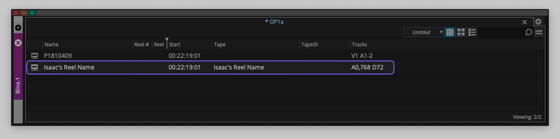 OP1a MXF with Missing track_name Metadata as Viewed in a Bin