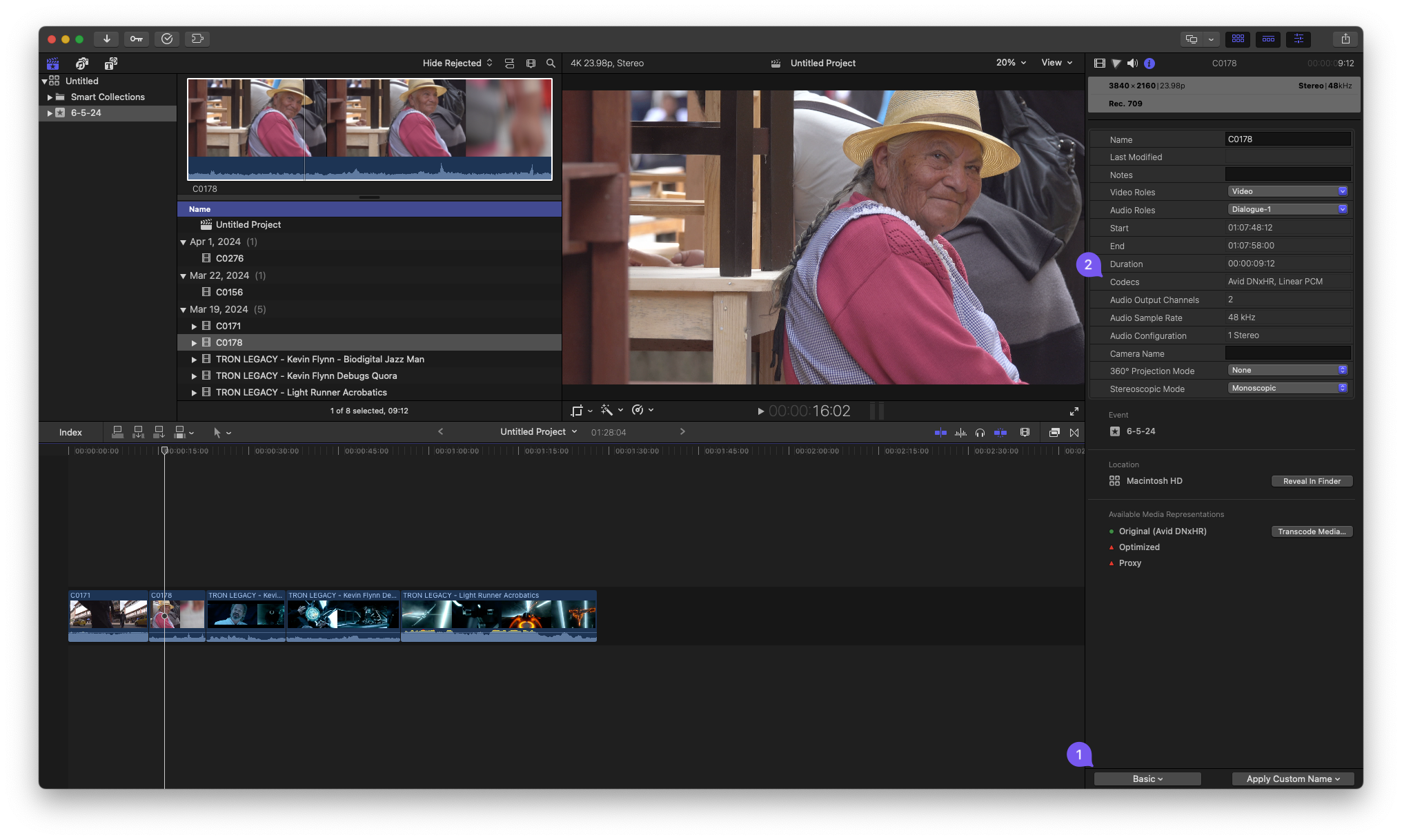 Viewing DNxHR OP1a MXFs in FCP using the Inspector (View: Basic)