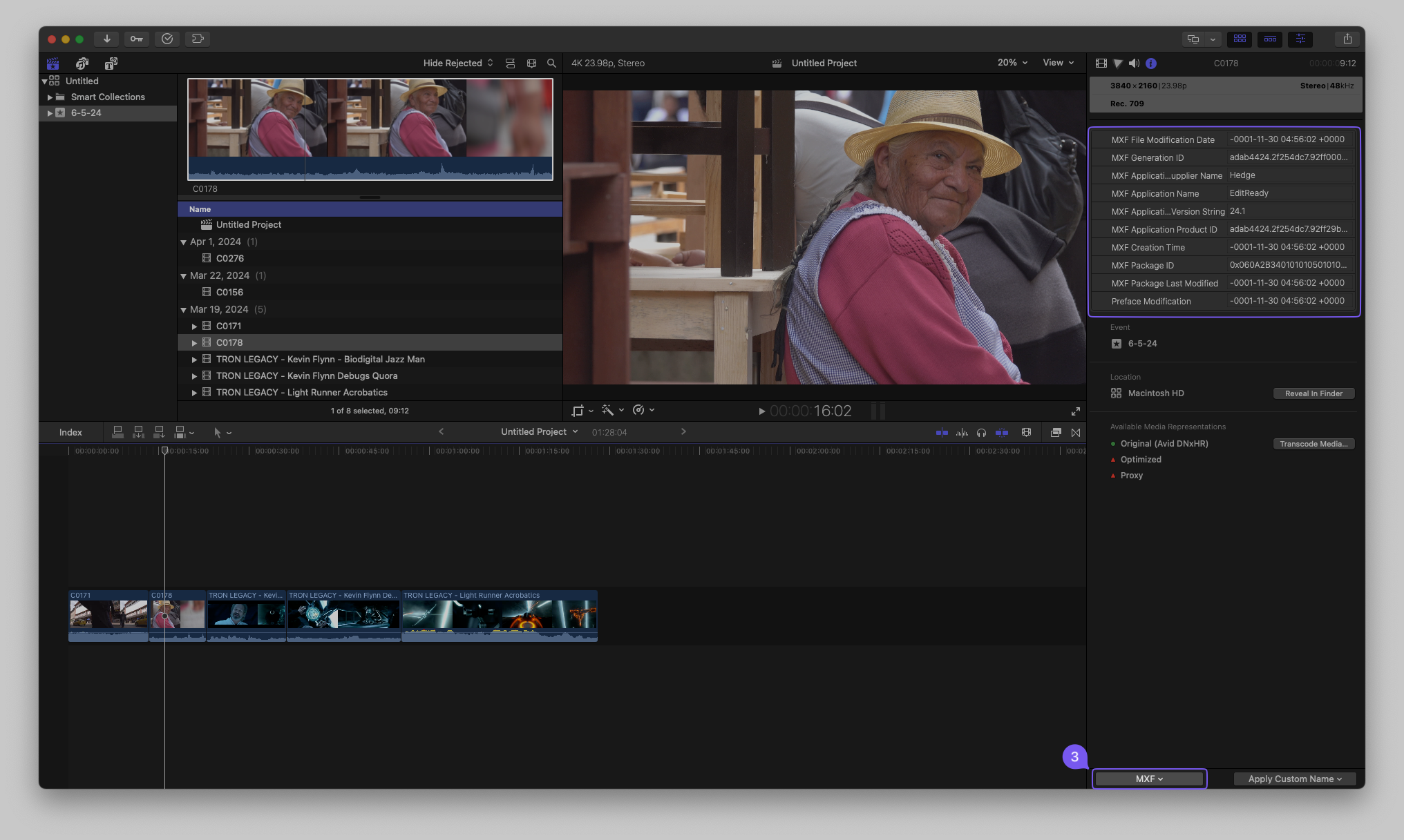 Viewing DNxHR OP1a MXF metadata in FCP using the Inspector (View: MXF)