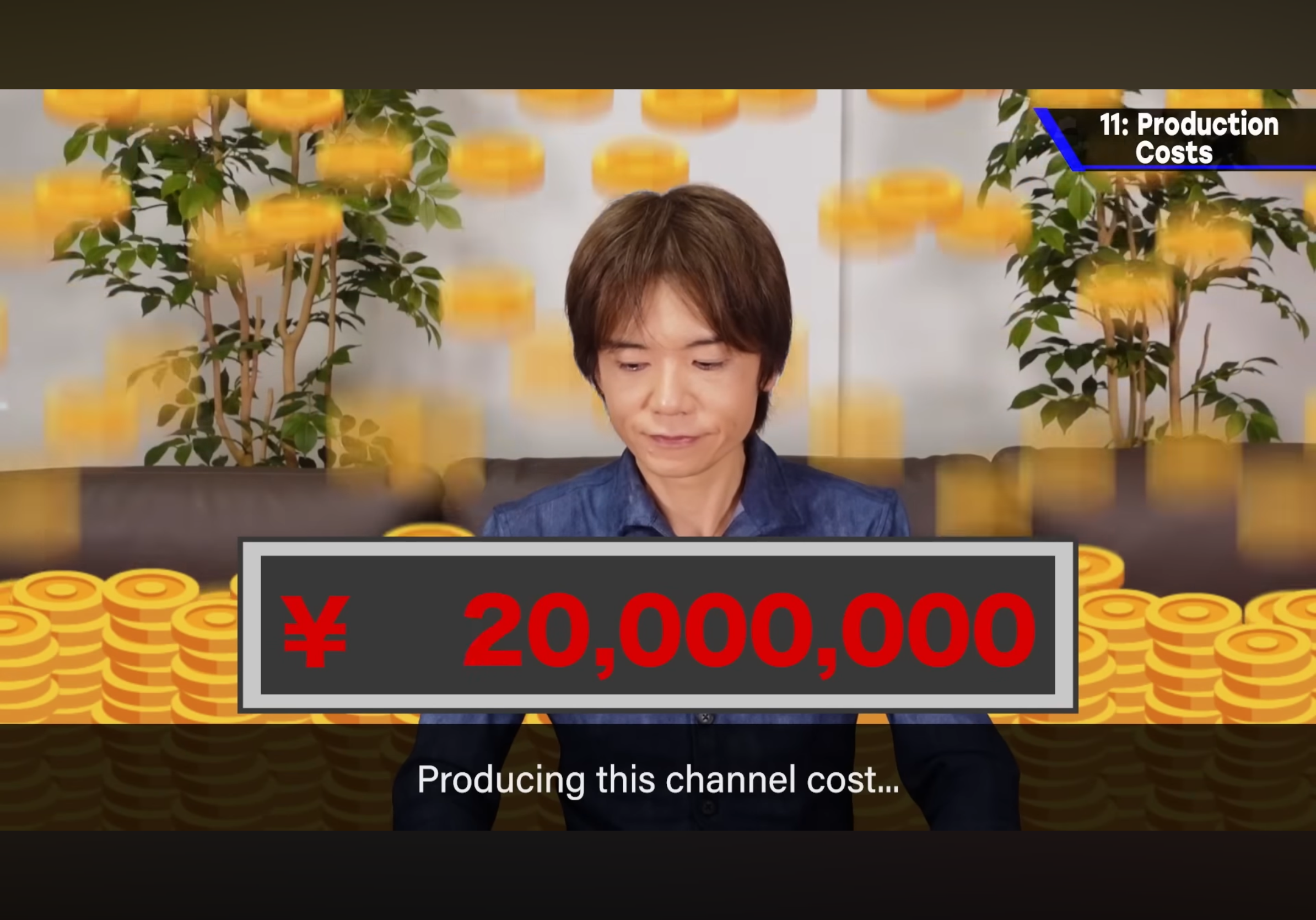 Masahiro Sakurai is surrounded by animated coins with a graphic displaying a production cost of ¥20,000,000 and rising.