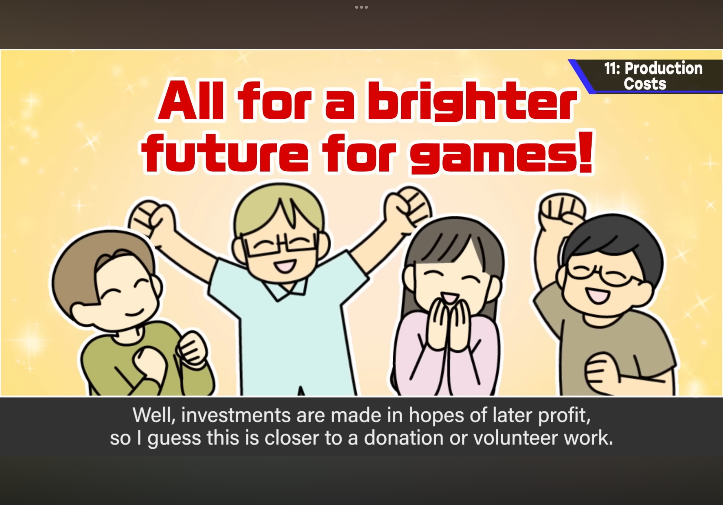 Four cartoon characters cheer with fists raised under the text, All for a brighter future for games! along with a subtitle discussing investments and donations.