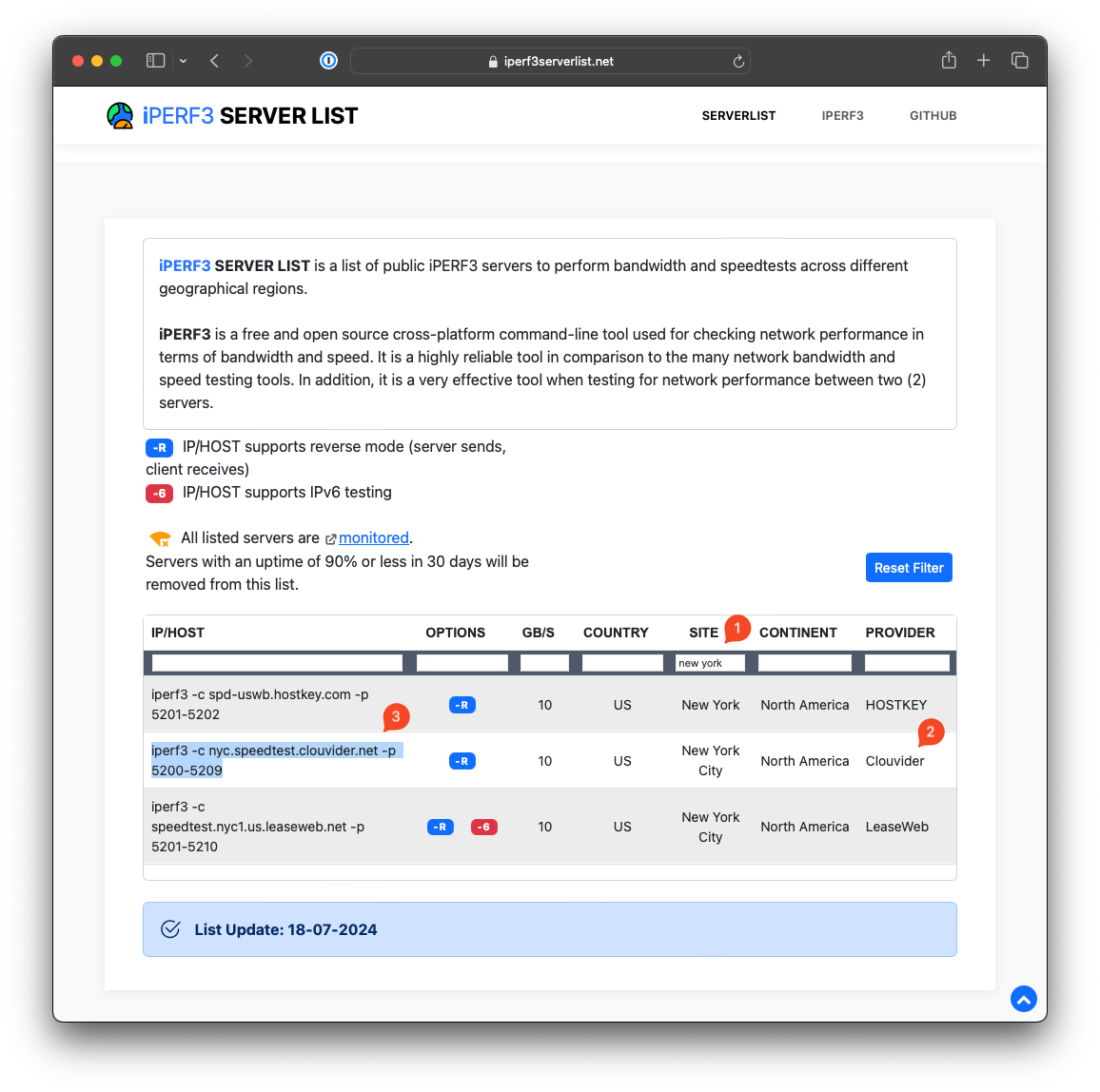 IPERF3 SERVER LIST filtered by SITE column with value New York 