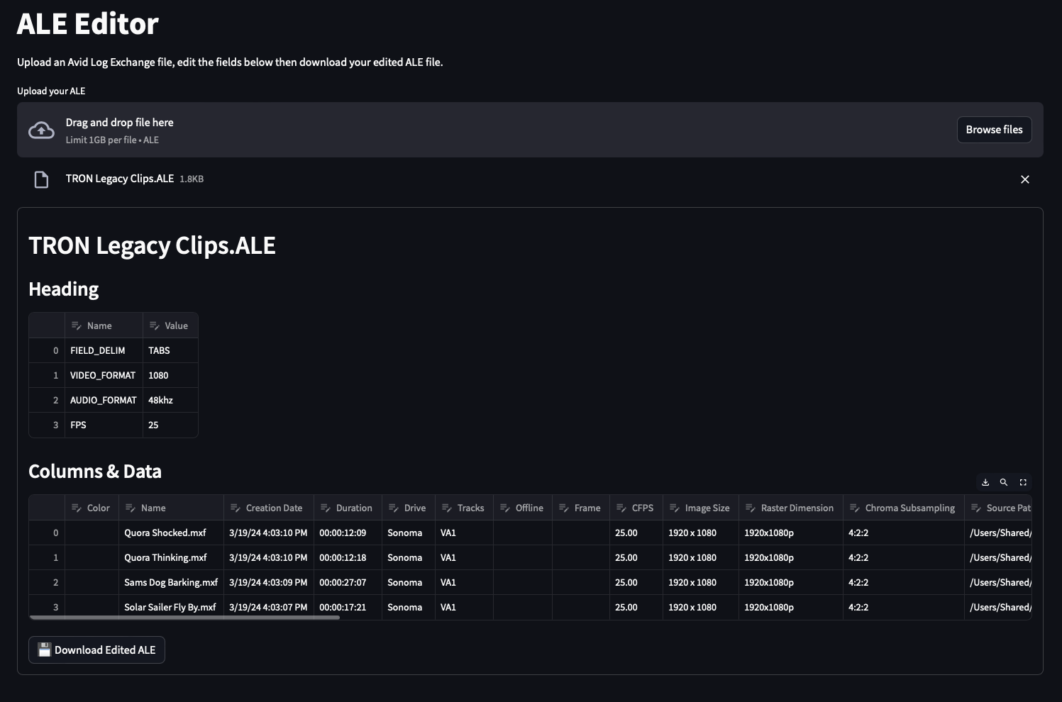 ALE Editor - After Uploading an ALE File Plus the Browser-Based Editor