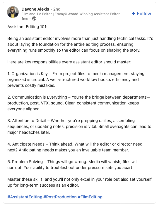 From Davone Alexis - Assistant Editing 101