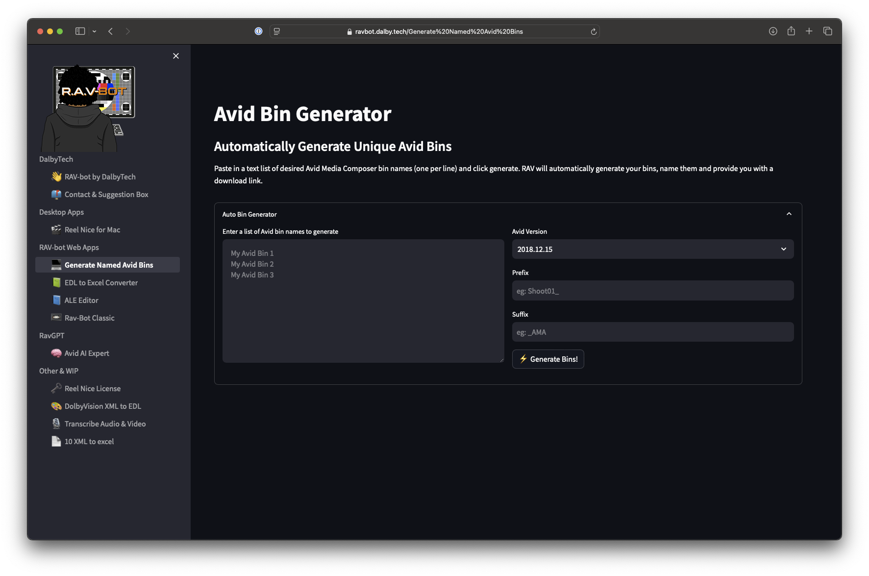 RAV-Bot's Avid Bin Generator