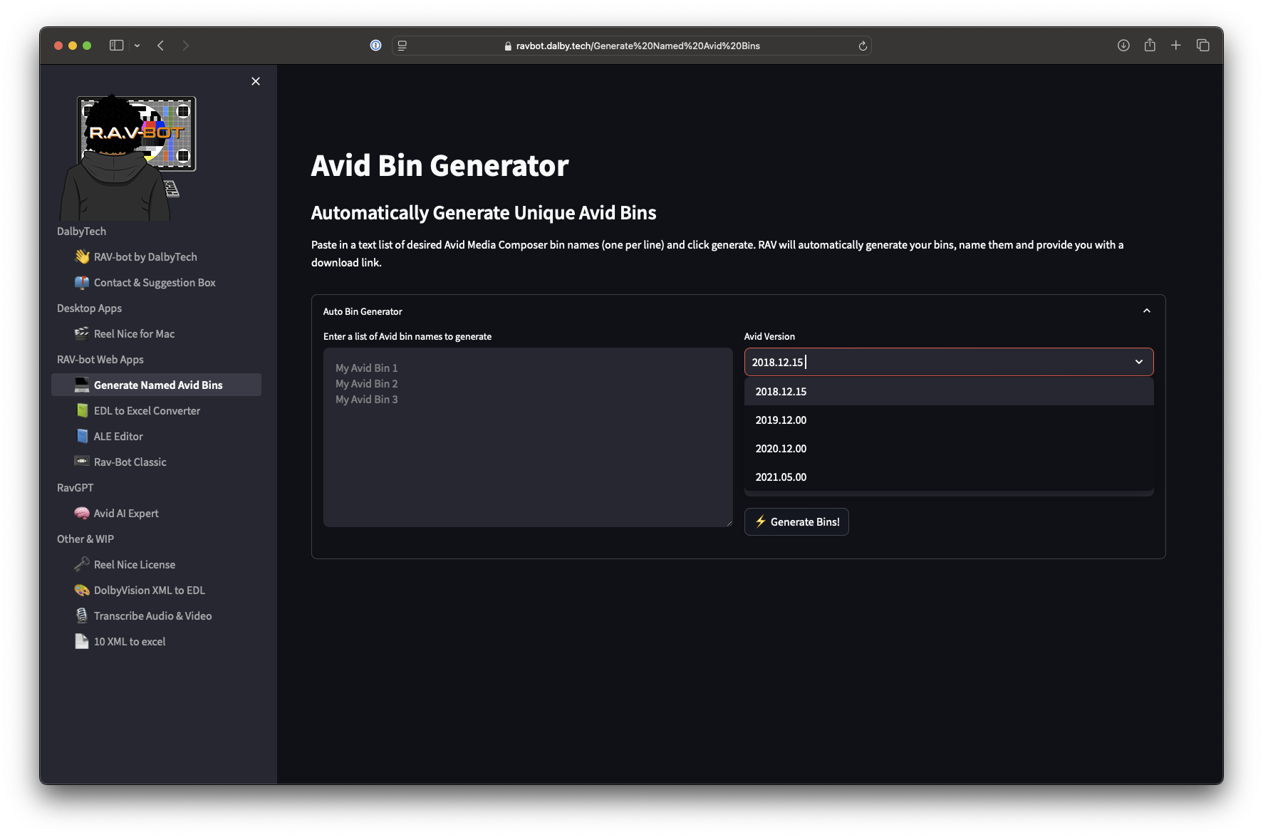 RAV-Bot's Avid Bin Generator with Curated Avid Media Composer Versions