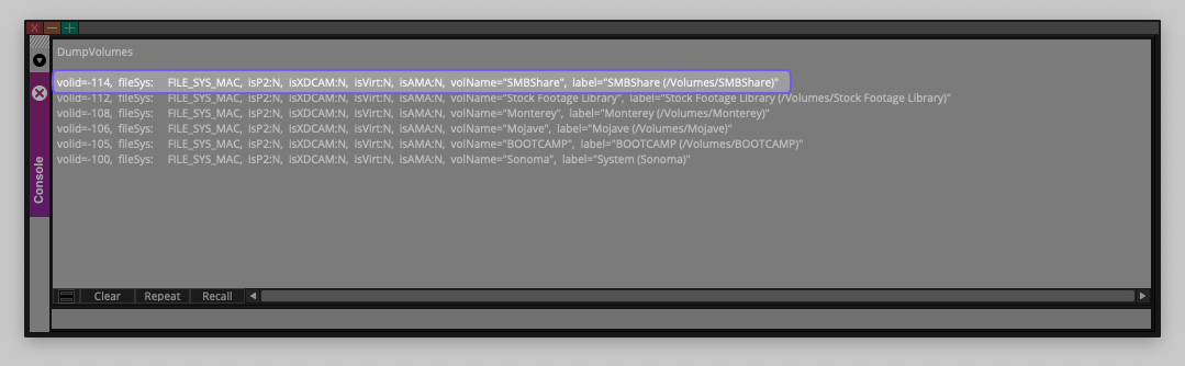 Console > DumpVolumes