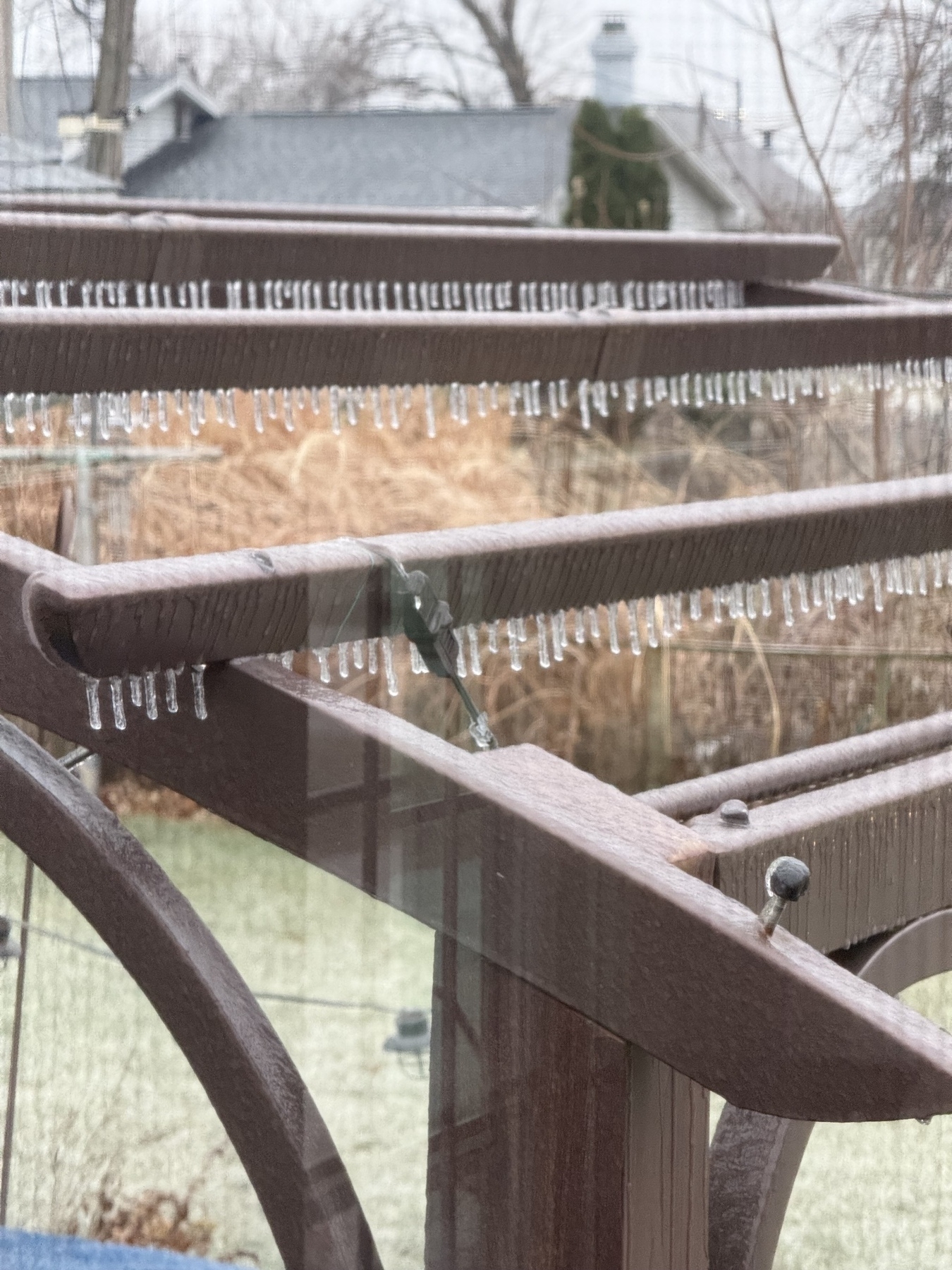 Small fingers of ice hanging off a pergola