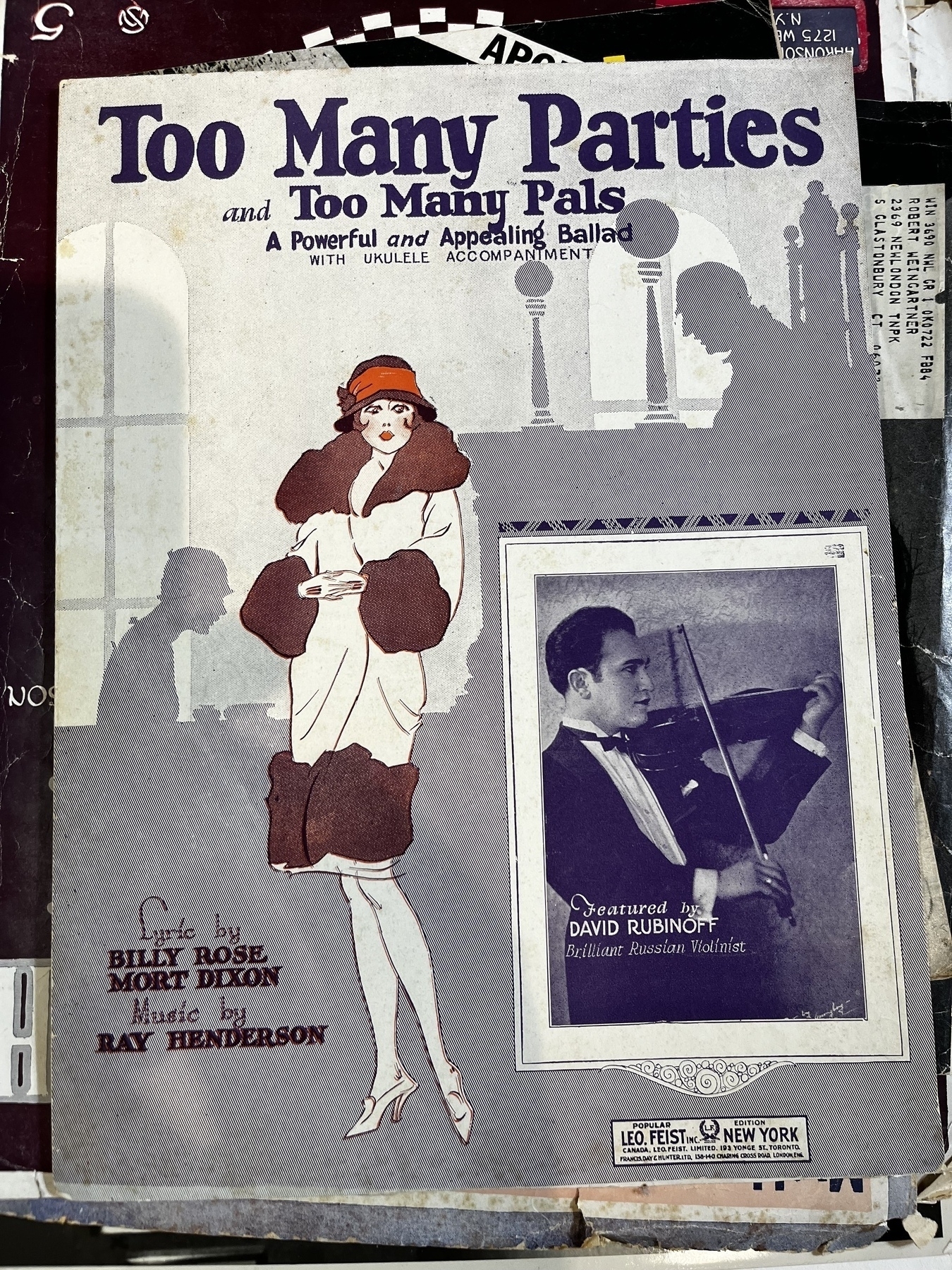 Cover of an old sheet music single titled “too many parties, too many pals” with a picture of an elegantly dressed woman on the front. Text under the song title describes it as “a powerful and appealing ballad with ukulele accompaniment”