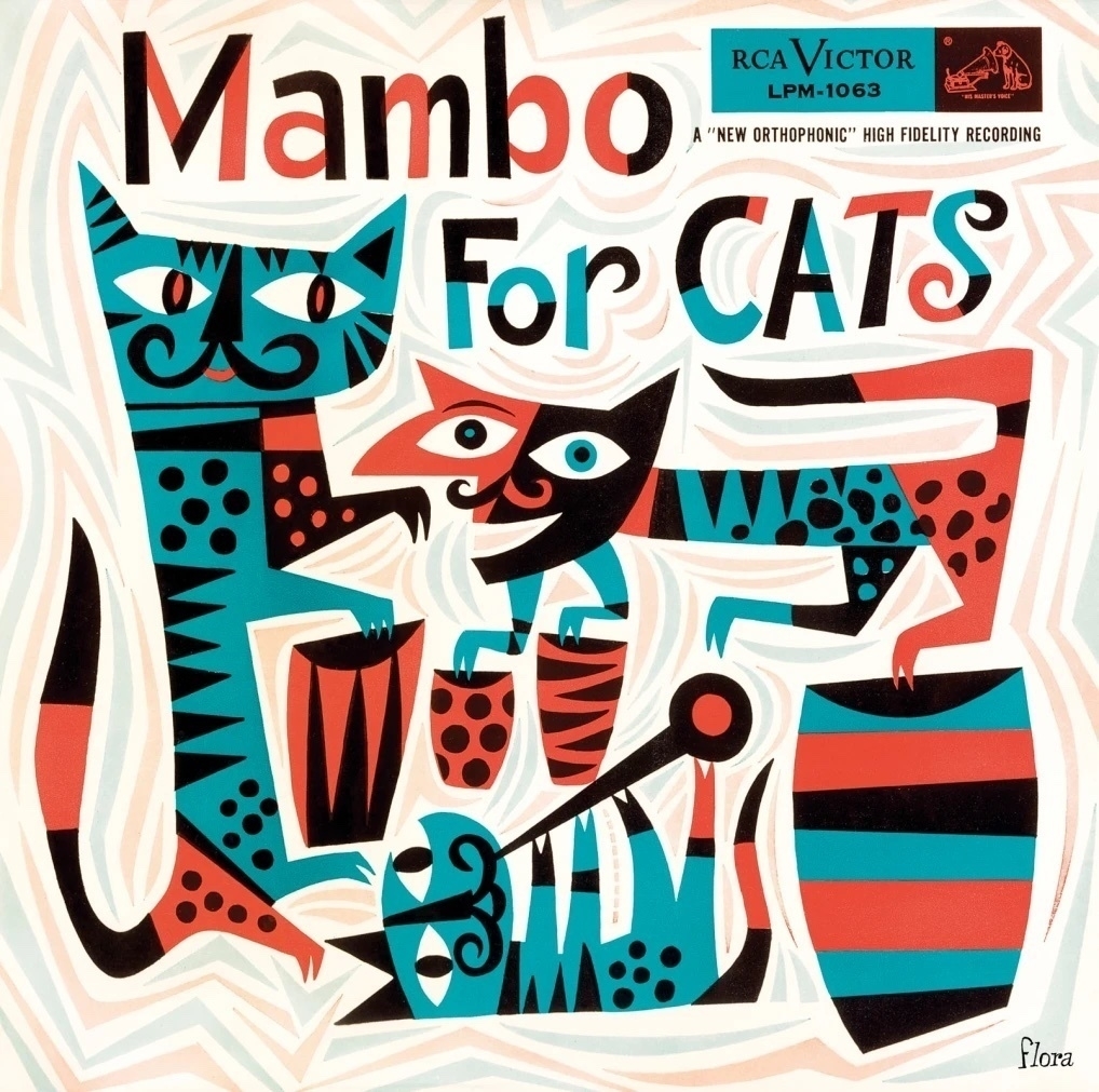 Album cover titled "Mambo for Cats", in a funky red, teal, and black color scheme.