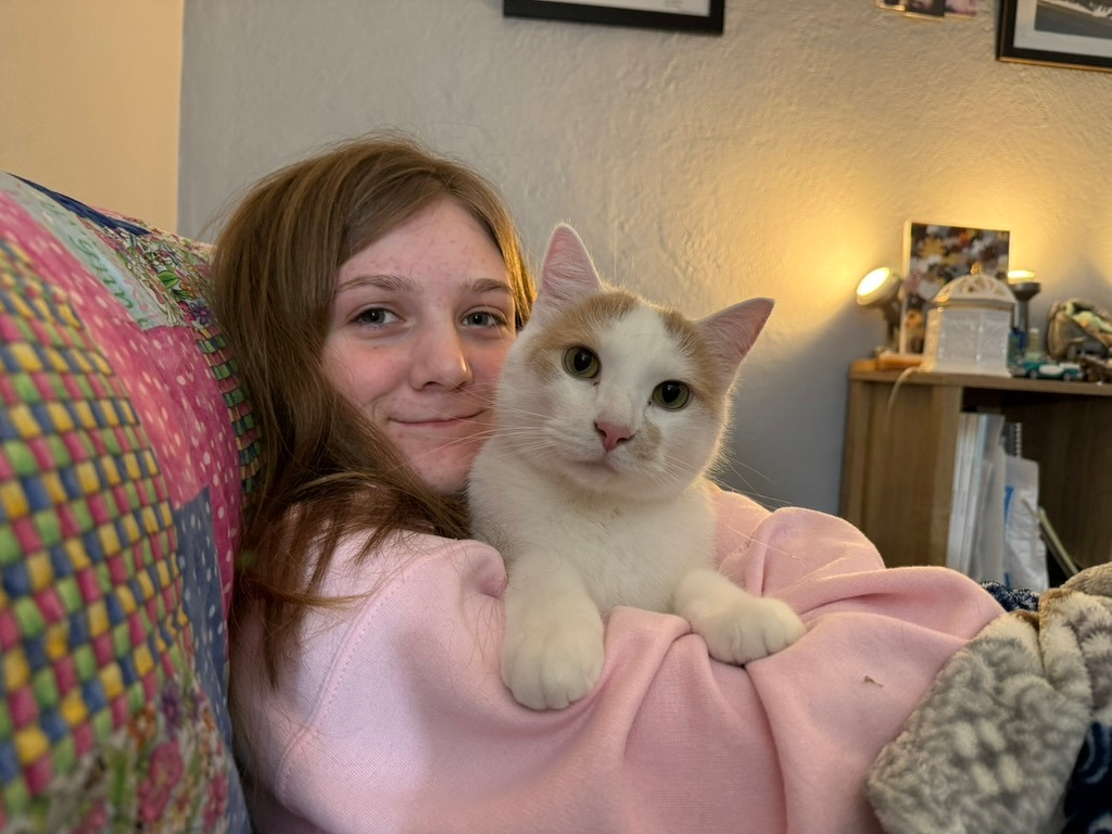 A person with long hair holds a white and orange cat while sitting on a colorful couch.