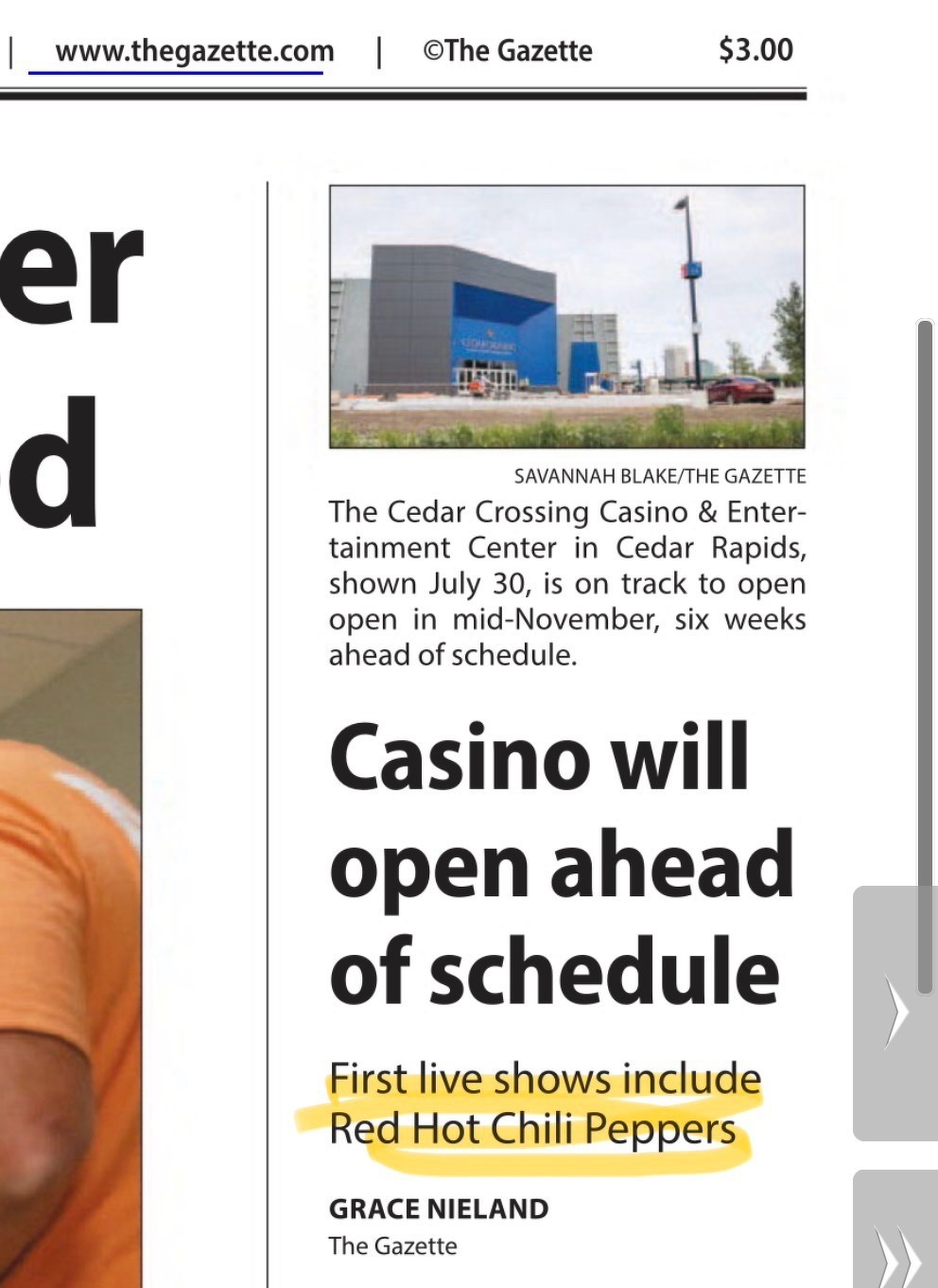 Front page of the paper, subhead says Red Hot Chili Peppers will be playing at the new casino. 