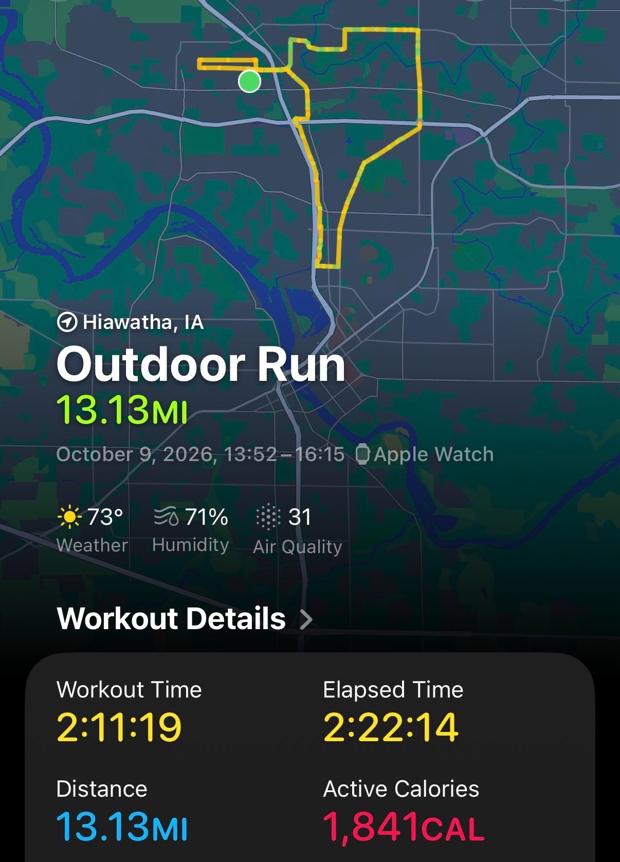 Apple fitness infographic of 13.1 mile run in 2:11