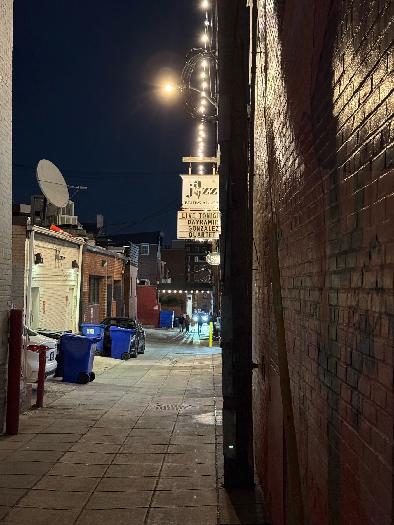A photo I took of a dark brick alleyway with the Jazz at Blues Alley sign hanging off the wall. 