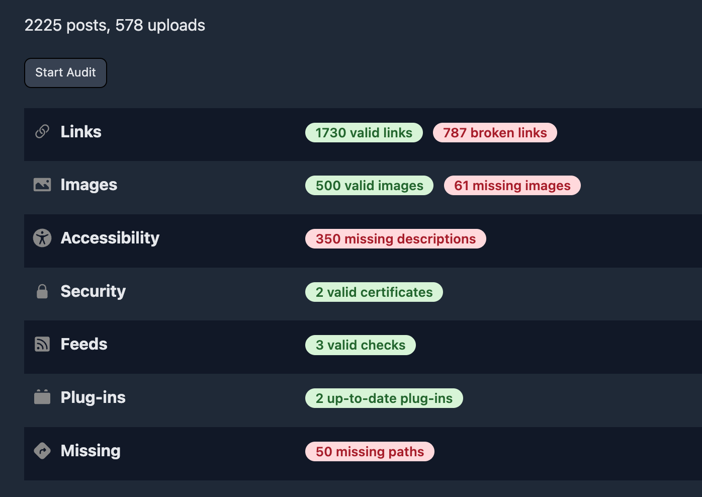 A dashboard displays statistics about links, images, accessibility, security, feeds, plug-ins, and missing paths for a website with 2225 posts and 578 uploads.