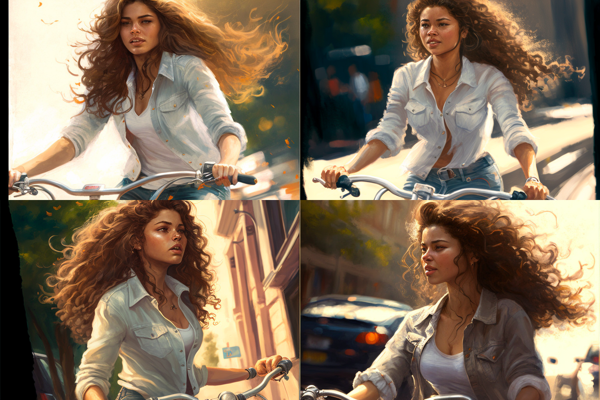 a young woman riding a bike dressed in jeans and a white shirt brown curly long hair on a sunny day --v 4 --ar 3:2 --q 2