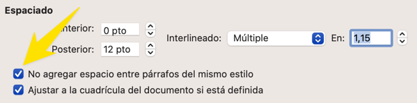Opción «No agregar espacio entre párrafos del mismo estilo»