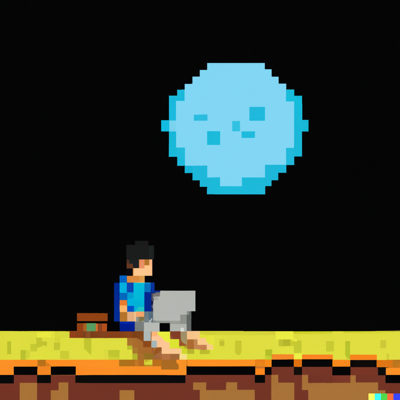 A guy working on his laptop with the moon in the sky, pixel art style