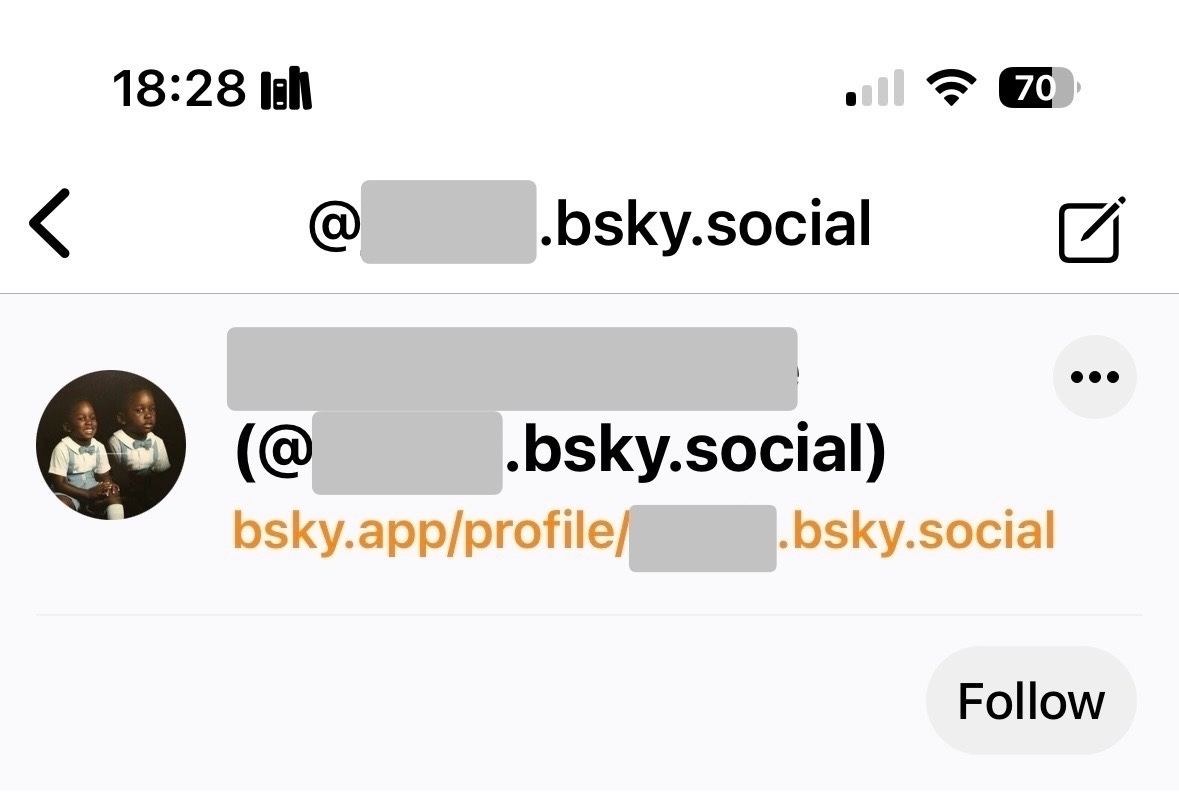 Redacted Bluesky account being followed from micro.blog app. 