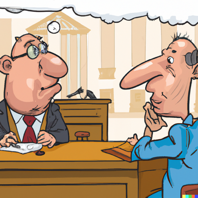 A cartoon depicting a court room with a witness stand and two men in suits on a table talking to each other
