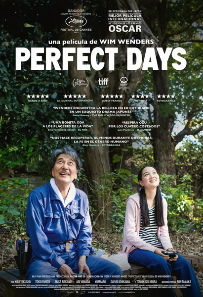 Movie poster. Perfect Days. With a picture of the two main characters, Hirayama and Niko