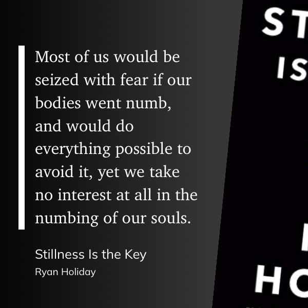 "Most of us would be seized with fear if our bodies went numb, and would do everything possible to avoid it, yet we take no interest at all in the numbing of our souls." (Ryan Holiday, Stillness Is the Key)