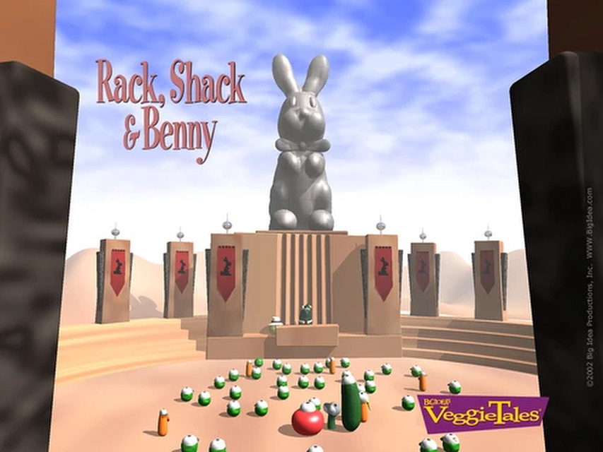 Title photo of the “Rack, Shack, and Benny” episode of VeggieTales, where everyone’s expected to bow down to a giant bunny statue. But the main characters refuse.