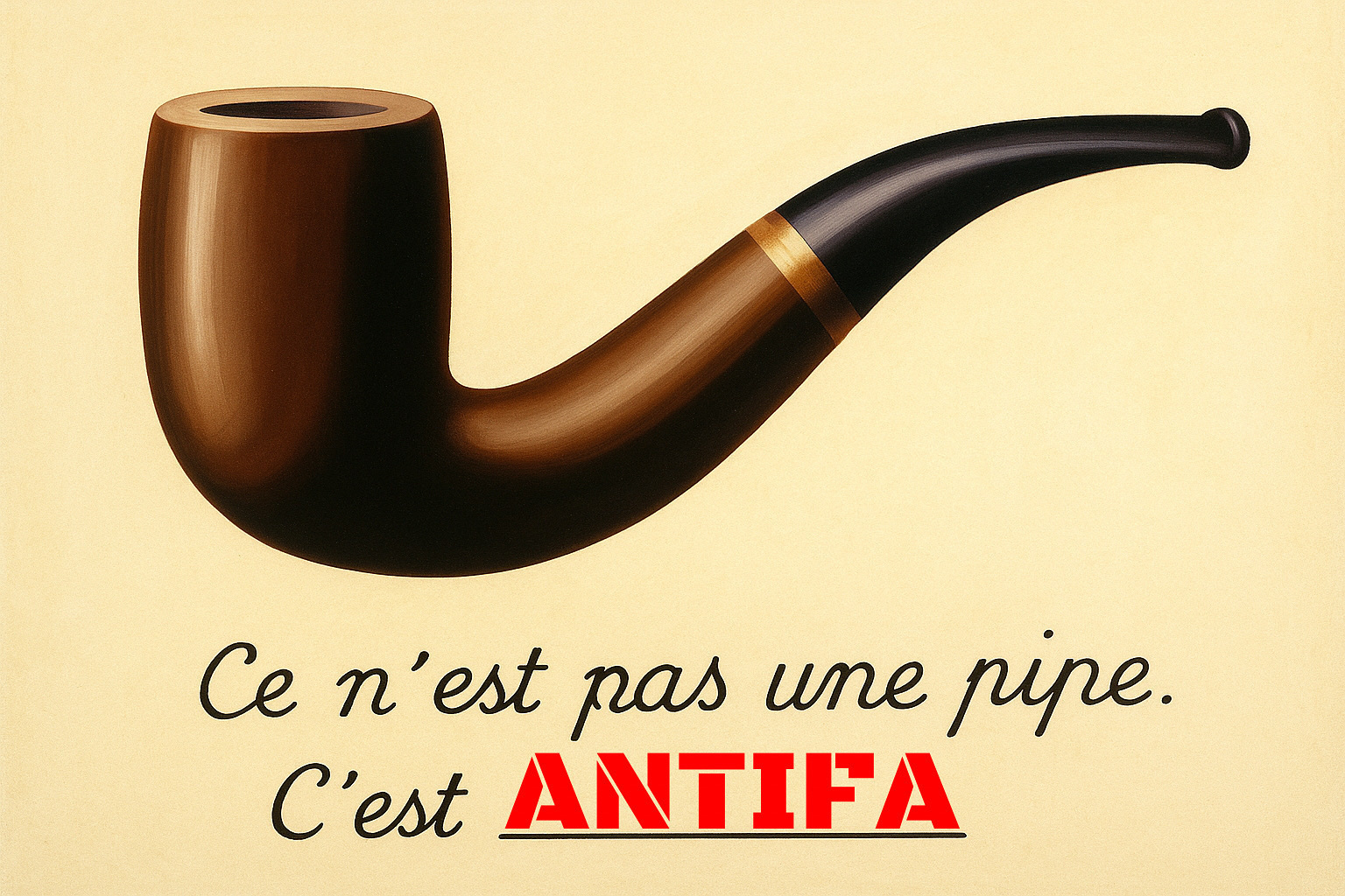 An image of a pipe. Text reads (in French)/ “This isn’t a pipe. This is ANTIFA.”