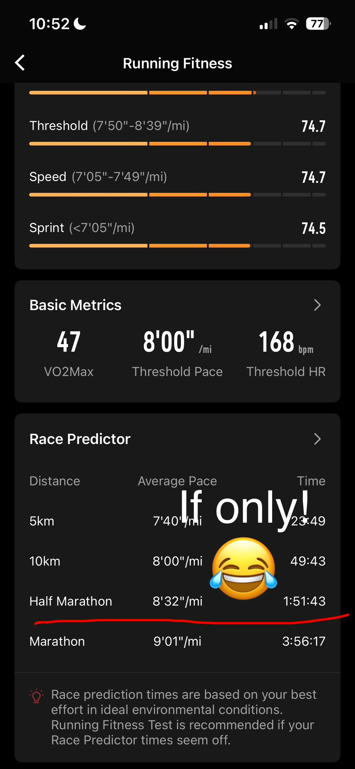 Running Fitness data including threshold, speed, and sprint metrics, basic metrics like VO2Max and threshold pace, and predicted race times for 5km, 10km, Half Marathon, and Marathon distances.