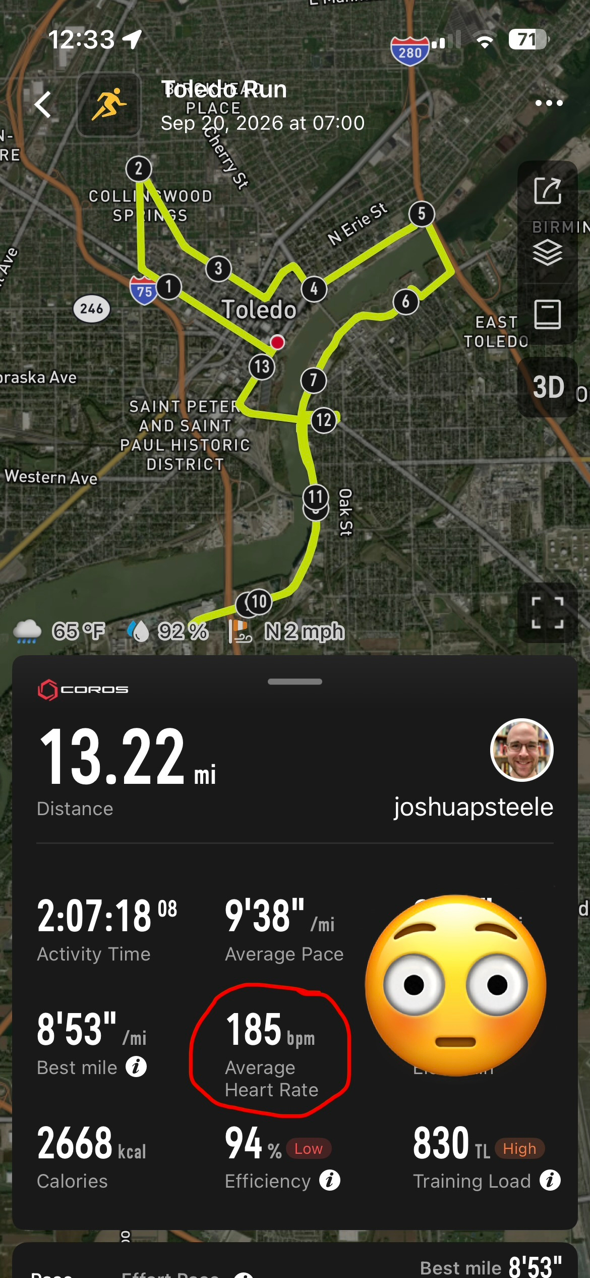 A running route of 13.22 miles in Toledo is shown with an average heart rate of 185 bpm, a total activity time of 2 hours and 7 minutes, and various other statistics including pace, calories burned, and weather conditions.